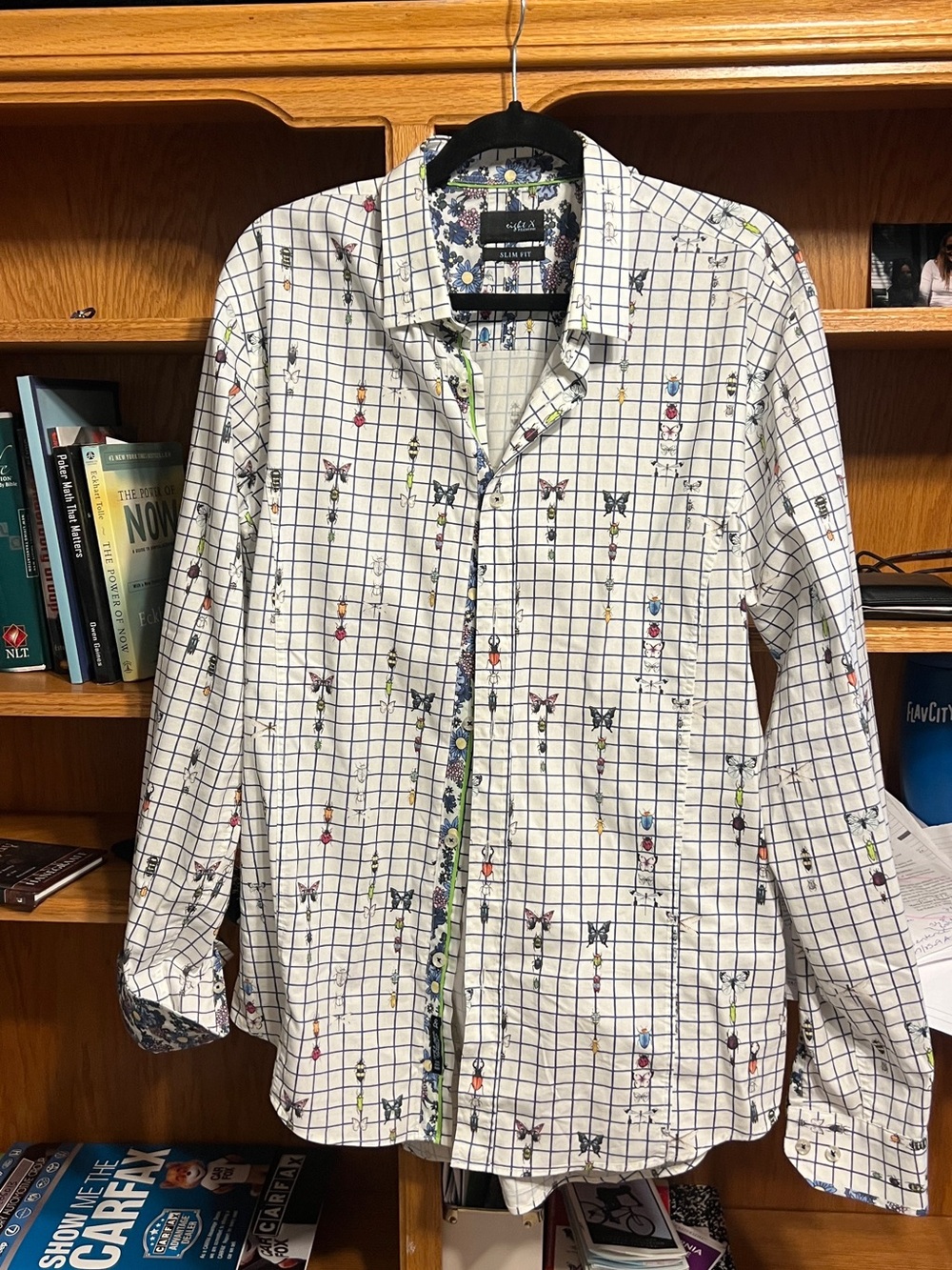 Eight X White Button-Down Shirt with Multicolor Butterfly designs and cuffs